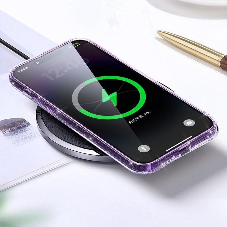Case for iPhone 15/15 Plus/15 Pro/15 Pro Max, Clear Sparkle Phone Case with Electroplated Lens Protective, Support Wireless Charging Cover
