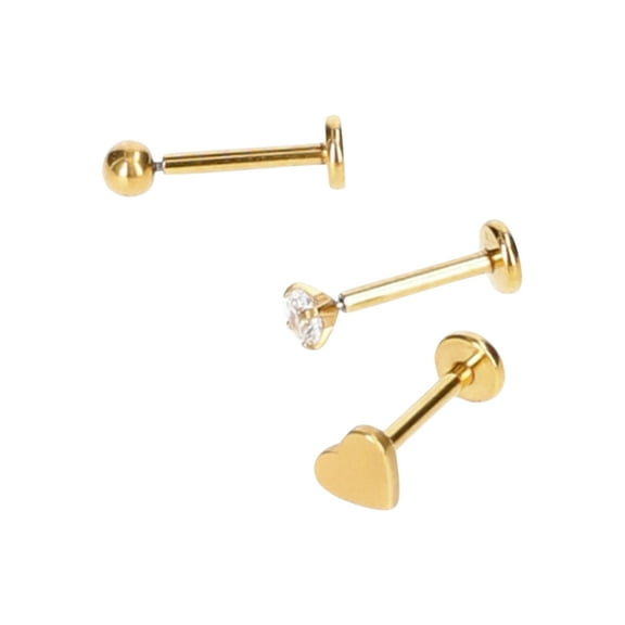 No Boundaries Women's 16G Cartilage Gold-Tone Yellow Plated Heart Stud Pack, 3-Piece Set