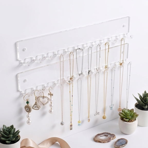2 Pack Acrylic Necklace Holder Wall Mount, 24 Hooks Jewelry Organizer for Necklaces Bracelets, Clear Hanging Display Stand