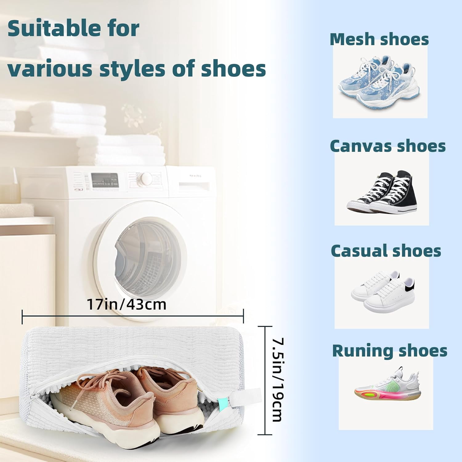 Shoe Washing Machine Bag Laundry Shoe Bag for Washer and Dryer Reusable 2pc Shoe Cleaning Bags for Sneakers 360° Deep Cleaning Machine for All Shoes Types With Self-locking Zipper White 2Pcs