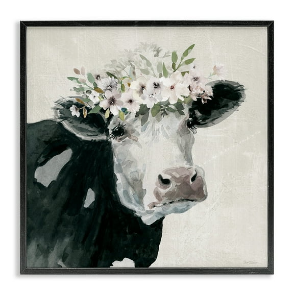 Stupell Industries Gazing Cow with Florals Animals & Insects Painting Black Framed Art Print Wall Art, 12 x 12