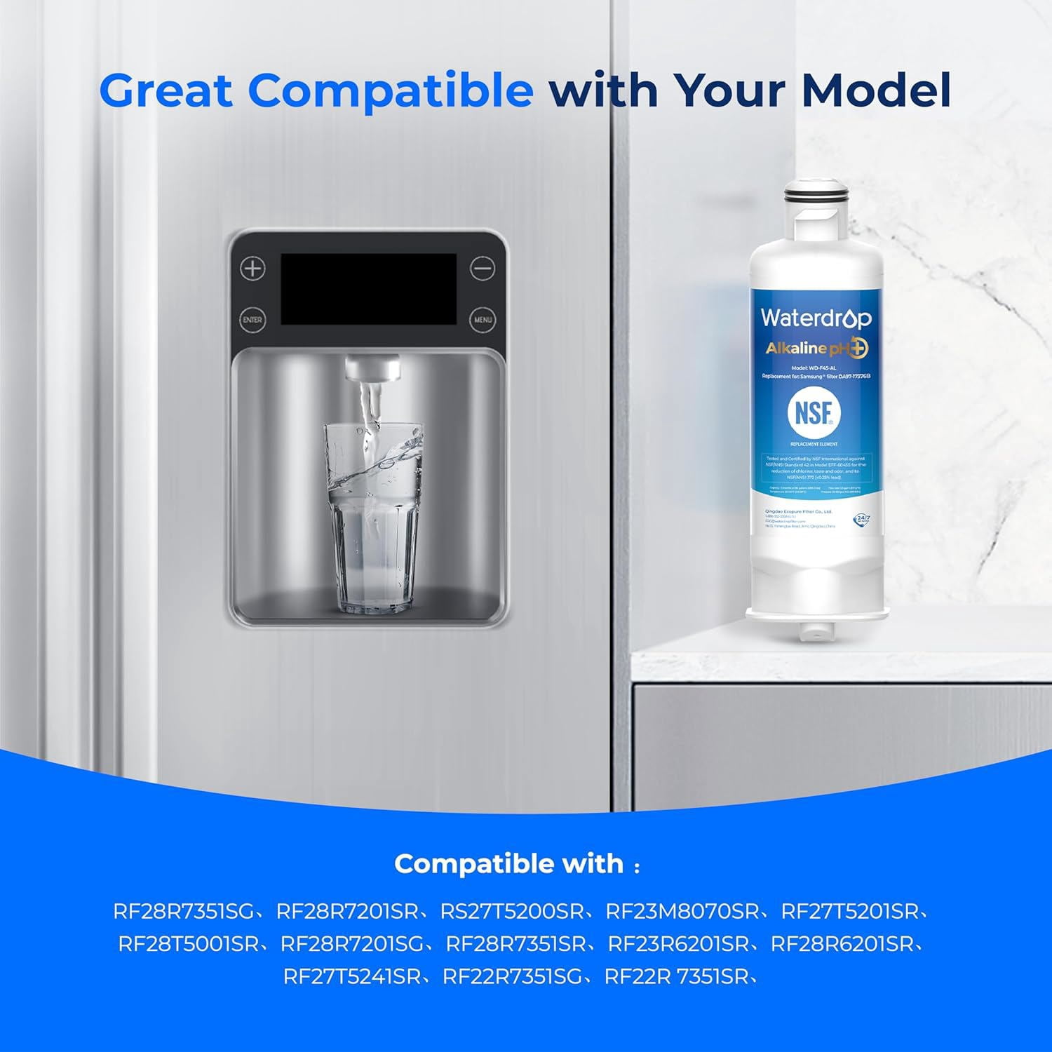 Waterdrop Alkaline WD-F45-AL Refrigerator Water Filter, Replacement for Samsung® DA97-17376B HAF-QIN/EXP, DA97-08006C, RF28R7201SR, RF28R7351SG, Enhances pH, 2 Pack