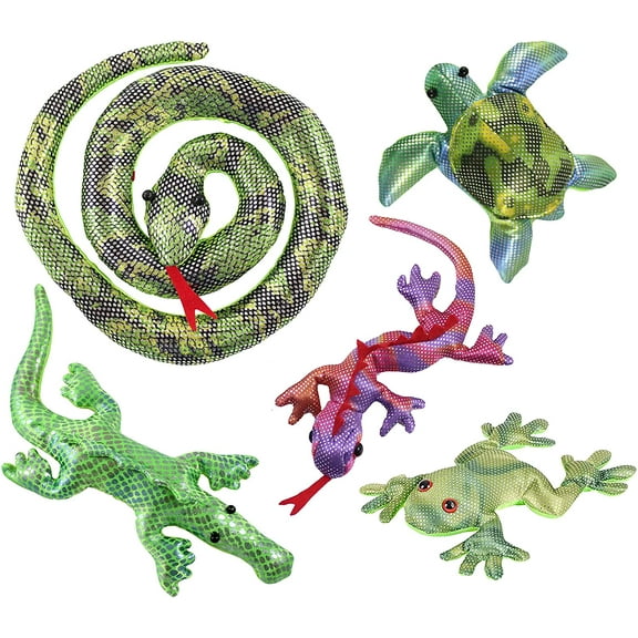 5 Reptile Set - Sand Filled Animal Toy - Snake, Turtle, Lizard, Alligator, Frog- Heavy Weighted Sandbag Animal Plush Bean Bag Toss - Shimmering Glitter