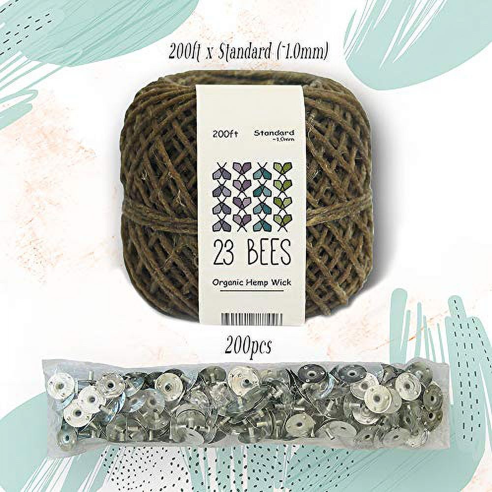 100% Organic Hemp Candle Wick 1.0mm Standard + Wick Sustainer Tabs 200pcs for Candle Making, 23 Bees, European Imported Hemp Spool 200ft with Natural Beeswax Coating