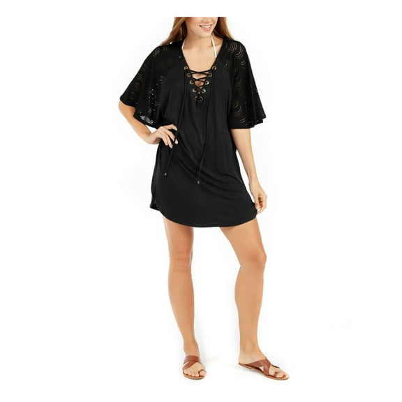 DOTTI Women's Black Lace-Up Eyelet Tunic Deep V Neck Beaded Resort Swimsuit Cover Up S