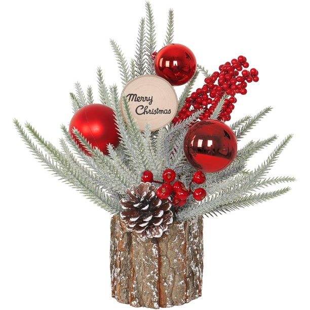Pequeño árbol de Navidad, 13,7 pulgadas, miniárbol de Navidad artificial de mesa, adornos navideños, bola roja, piña de pino, árbol de Navidad pequeño para decoración navideña de fiesta en el hogar (b