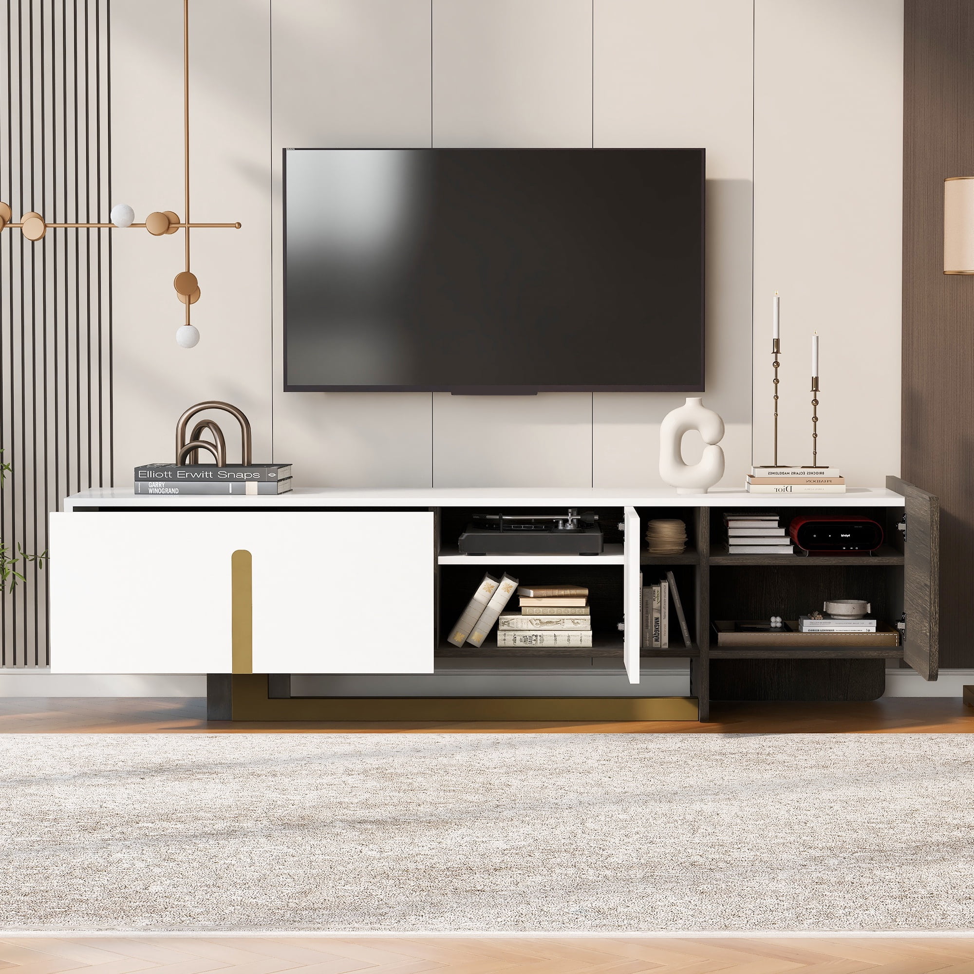 PAPROOS TV Stand for 70 inch tv, TV Cabinet with Drawer & Door, Living Room Media Console Table with Open Shelves, Entertainment Center Television Stand for Living Room, Bedroom, White & Brown