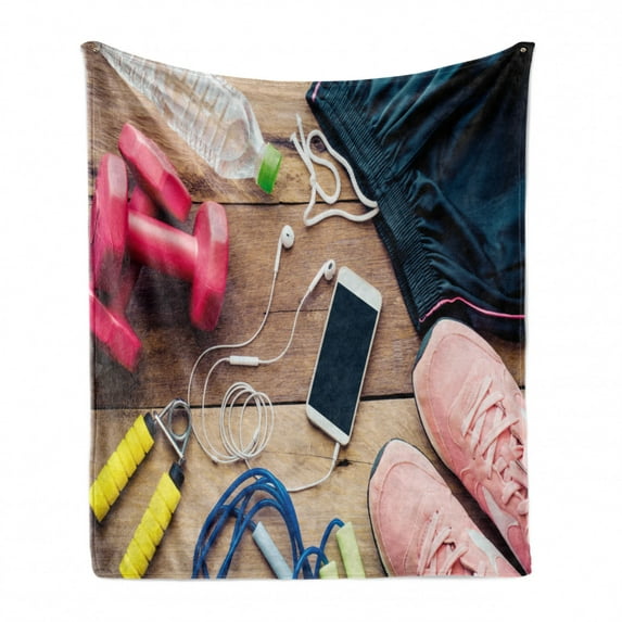 Fitness Soft Flannel Fleece Blanket, Sportswear Running Shoes Cell Phone Water Fitness Preparations Activity Accessories, Cozy Plush for Indoor and Outdoor Use, 70" x 90", Multicolor, by Ambesonne