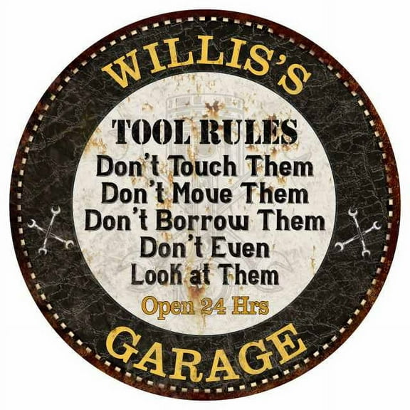 WILLIS'S Garage Rules 12" Round Metal Sign Garage Bar Wall Décor 200120013365