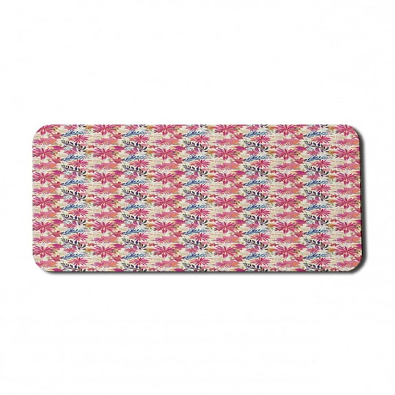 Floral Computer Mouse Pad, Continuous Pointed Petals Curvy Flowers Tropical Look Leaves Pattern, Rectangle Non-Slip Rubber Mousepad X-Large, 35" x 15" Gaming Size, Salmon and Multicolor, by Ambesonne