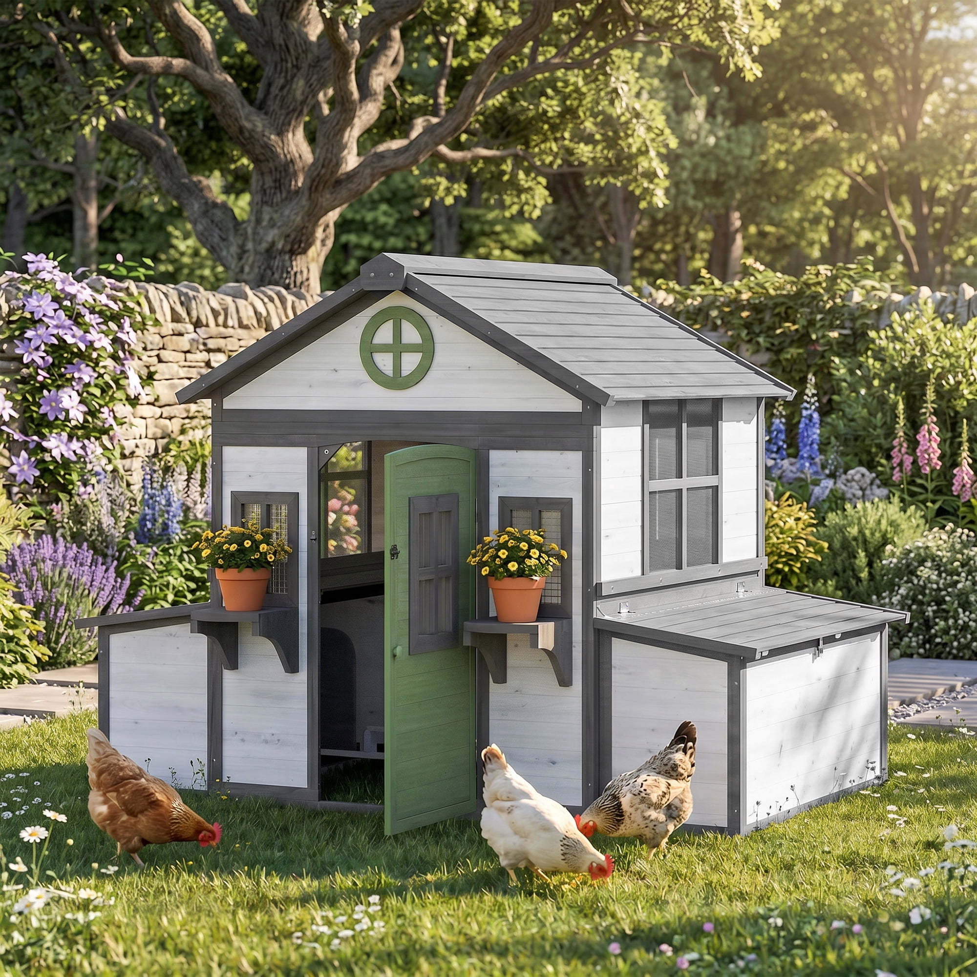 PawHut Wooden Chicken Coop, Hen House for 2-4 Hens, Outdoor Playhouse Poultry Cage with 2 Nesting Boxes, Waterproof Roof, Windows