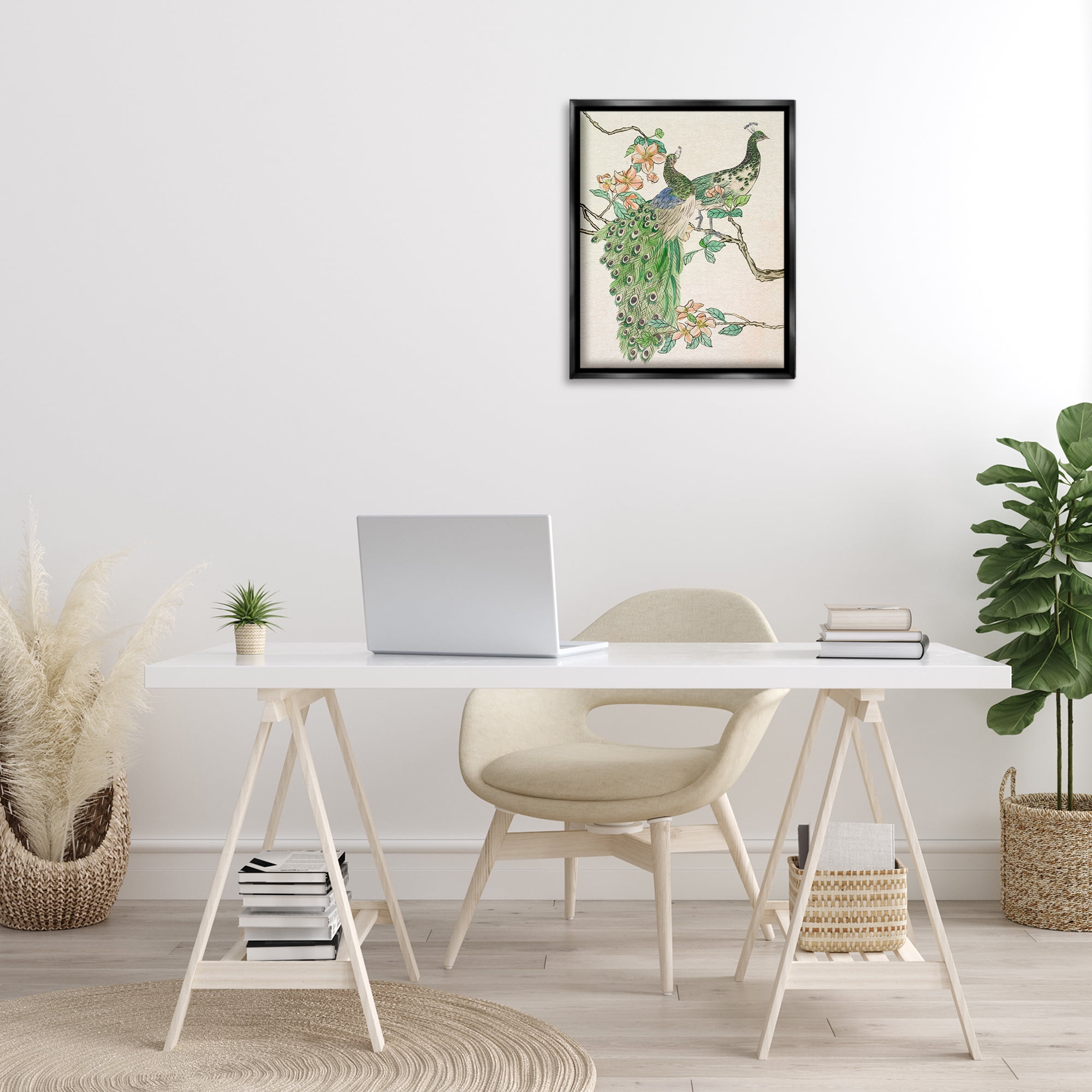 Stupell Industries Peacock Pair on Branch Animals & Insects Painting Black Floater Framed Canvas Art Print Wall Art, 17 x 21