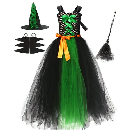 

PMVFHDE Halloween Costumes Kids Girls 7 Dress Toddler Custome Girls Dress Tutu Mesh Dress With Hat Sleeves Prop 4pcs Sets Performance Green 4-5 Years