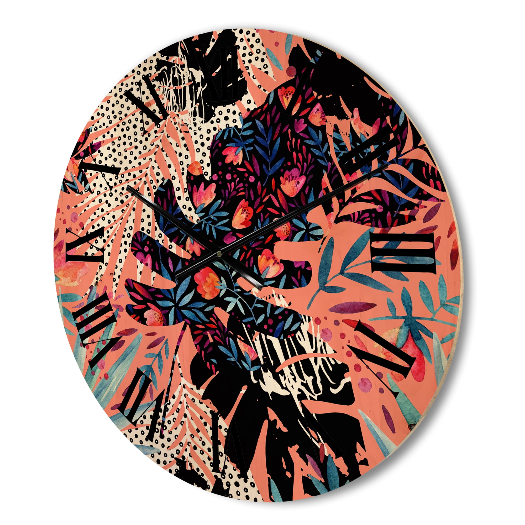 Designart 'Abstract Tropical Floral Patchwork II' Tropical Wood Wall Clock