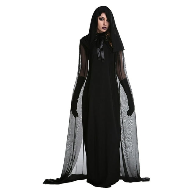 Sunloudy 2 Piezas Disfraz de Cosplay para Mujer, Capa de Mantel con Capucha de Color Sólido + Vestido Largo Delgado para Fiesta de Halloween, Juego de Rol, Negro Sunloudy moda