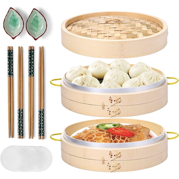 Bamboo Steamer Basket 10 Inch with Chopsticks, Sauce Dishes, 50 Paper Liners – 2-Tier Food Steamer for Cooking Dumplings, Vegetables, Meat, Fish, Rice