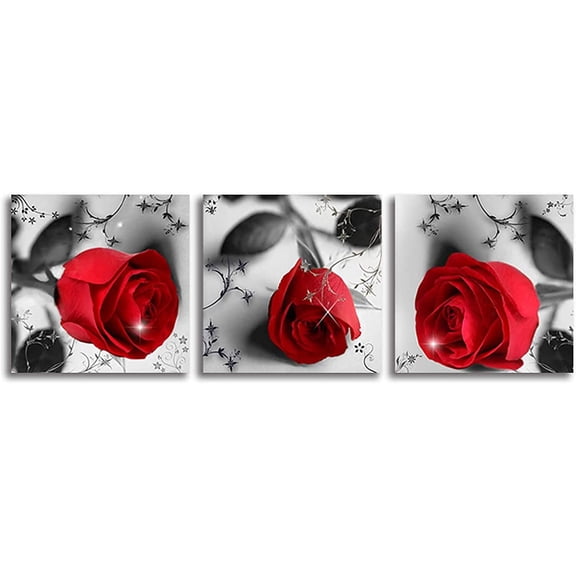 Red Rose Canvas Wall Art for Bedroom Decor,Red and Black Wall Decor Floral Artwork Flower Painting Picture for Bathroom Wall Decoration 3 Panels Ready to Hang 12"x12"
