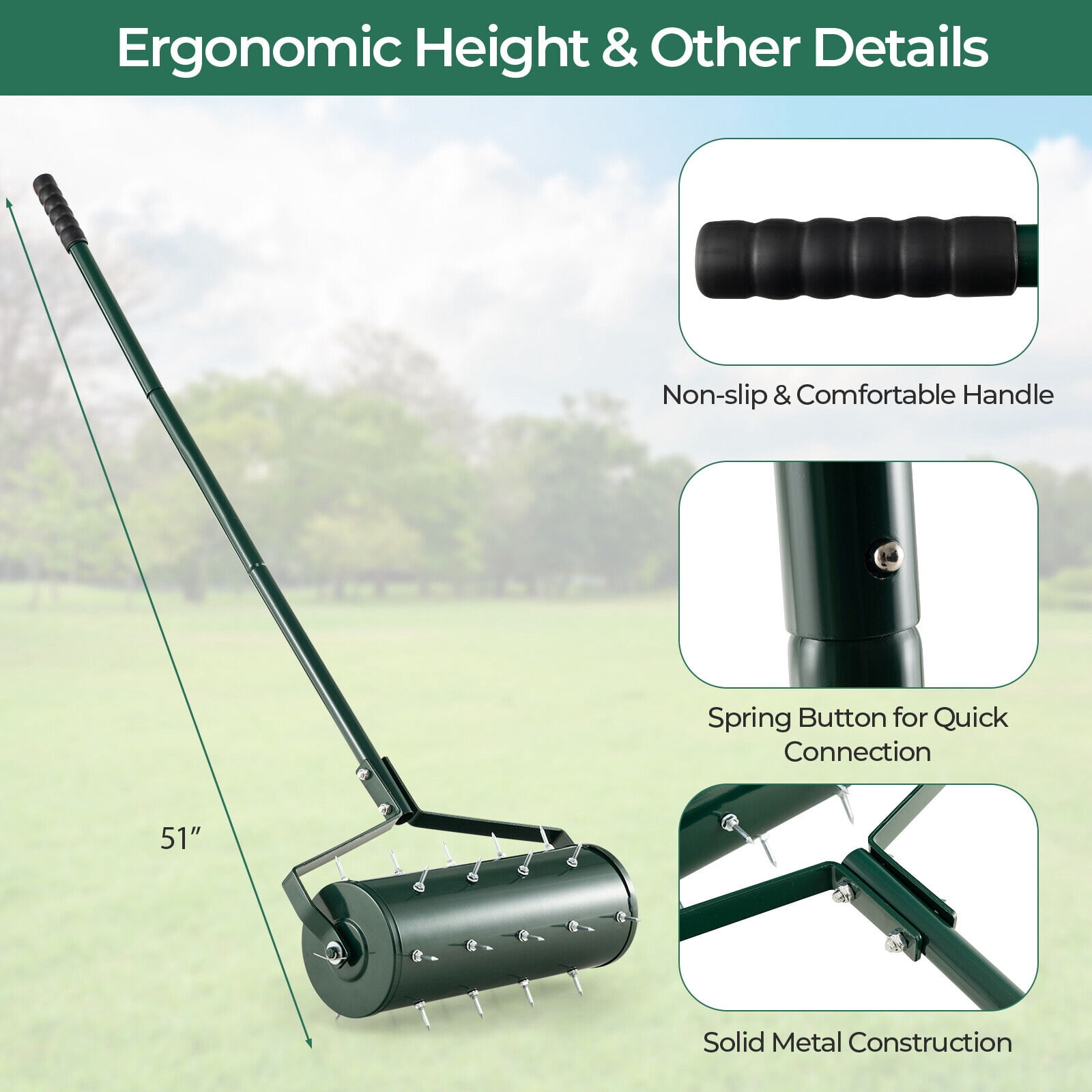 Amijoy 18" Manual Lawn Aerator Heavy Duty Rolling Push Grass Aeration Tool with Handle
