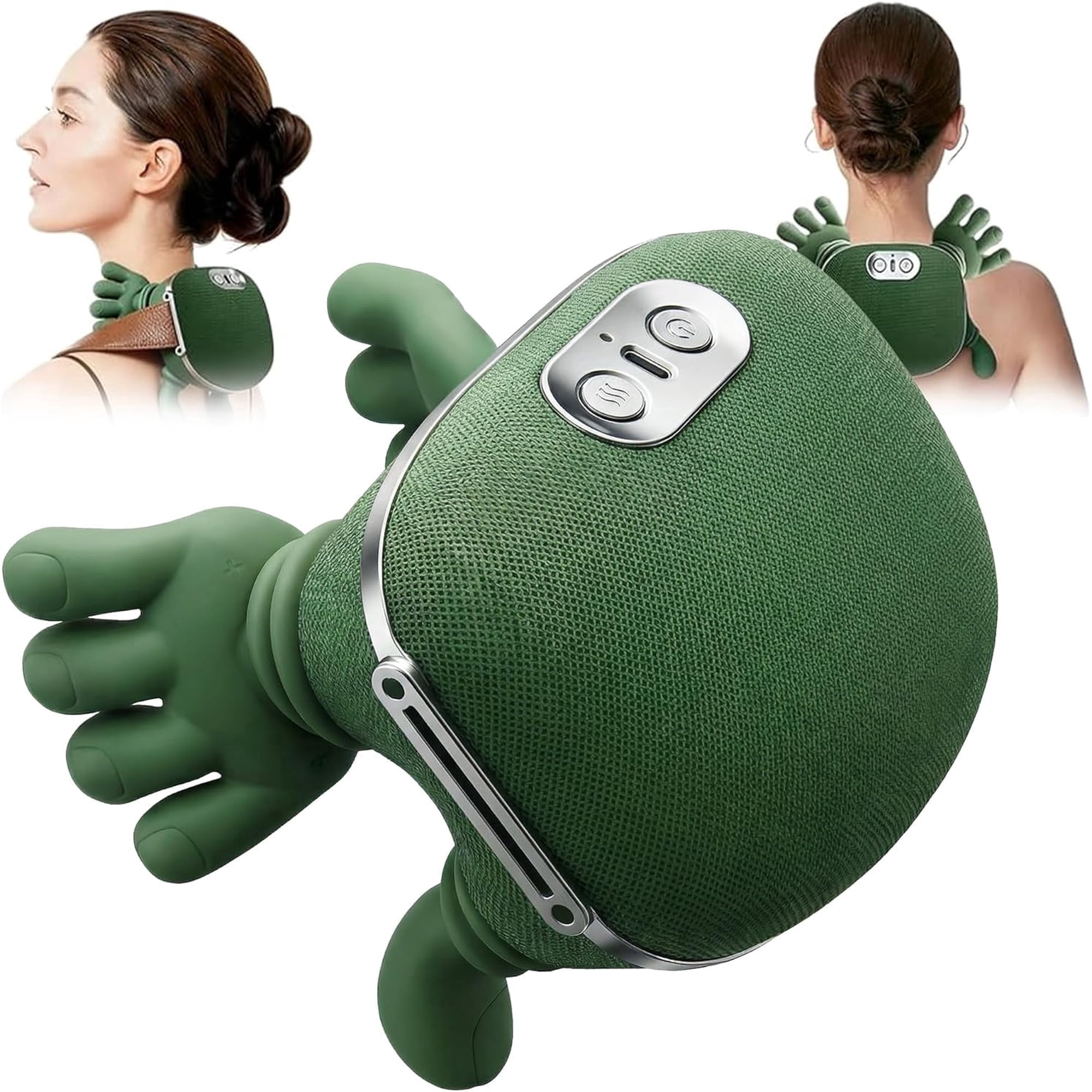Bionic Heated Massager, Portable Shiatsu Neck and Back Massager, Electric Deep Tissue 4D Kneading Massage, Simulated Human Hand Design for Pain Relief and Muscle Relax (Textile Green)