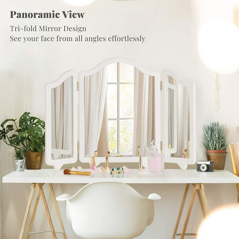Luxfurni Hollywood Large Vanity Trifold Makeup 3 Side Folding Tabletop Mirror White