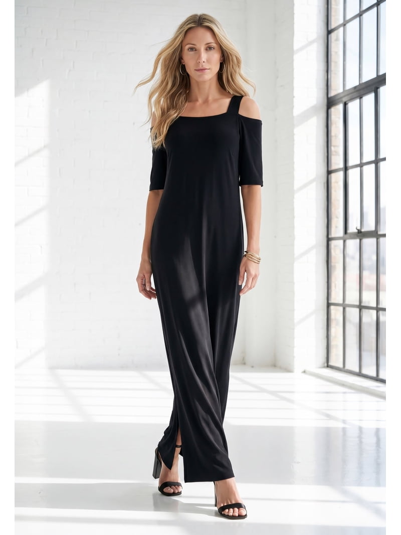 cold shoulder petite maxi dress Roaman's Women's Plus Size Petite Plus Size Cold Shoulder Maxi Dress