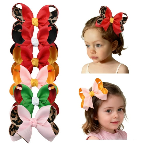 JoyBowie 6 Pcs 4.5inch Reversible Hair Bows for Girls 4-12 Years, Grosgrain Ribbon Clips for School & Daily Hairstyles