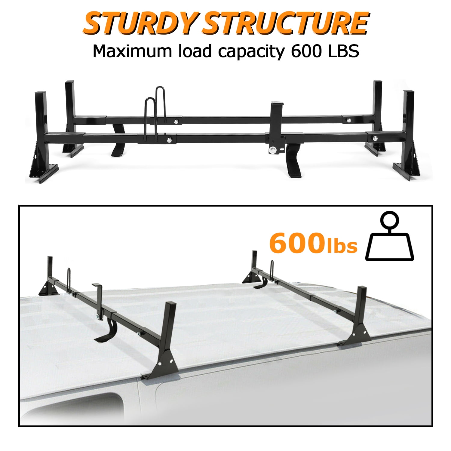 Kojem Universal 2 Bars Roof Rack Mount Full-Size Vans for Chevy Express Ford E-Series GMC Savana 68"-75" Adjustable Steel Rack Carry Ladders