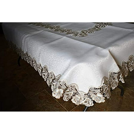 

SAINTY H0987-(68x104) Beige Rose Lace Oblong Tablecloth 68 x 104 Cream