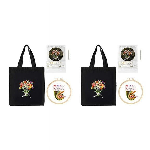 Embroidery Kit for Beginners with 2 Canvas Tote Bag 2 Embroidery Hoop Thread and Needle-A