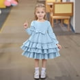 thumbnail image 2 of vigerkar Toddler Girl Dress Ruffle Ribbed Knit Long Sleeve Dresses A-Line Swing Fall Winter Bowknot Casual Cake Dress (Blue, 7-8 Years), 2 of 6