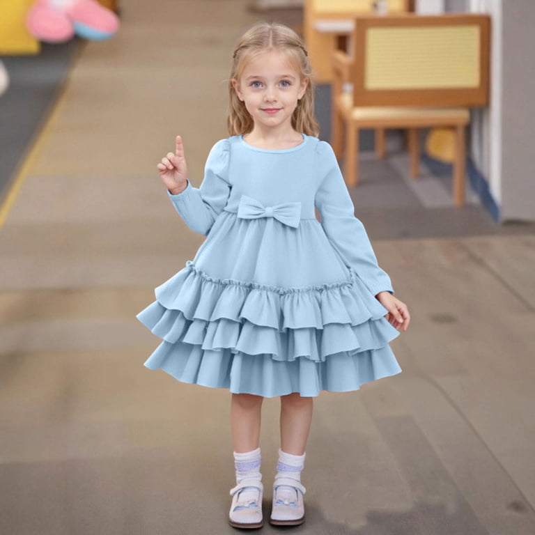 mgoYE Flower Girl Dress Toddler Girl Dress Long Sleeve Dresses Fall Winter  Bowknot Casual Cake Dress Ruffle Ribbed Knit A-Line Swing Dress(Blue,7-8  Years)