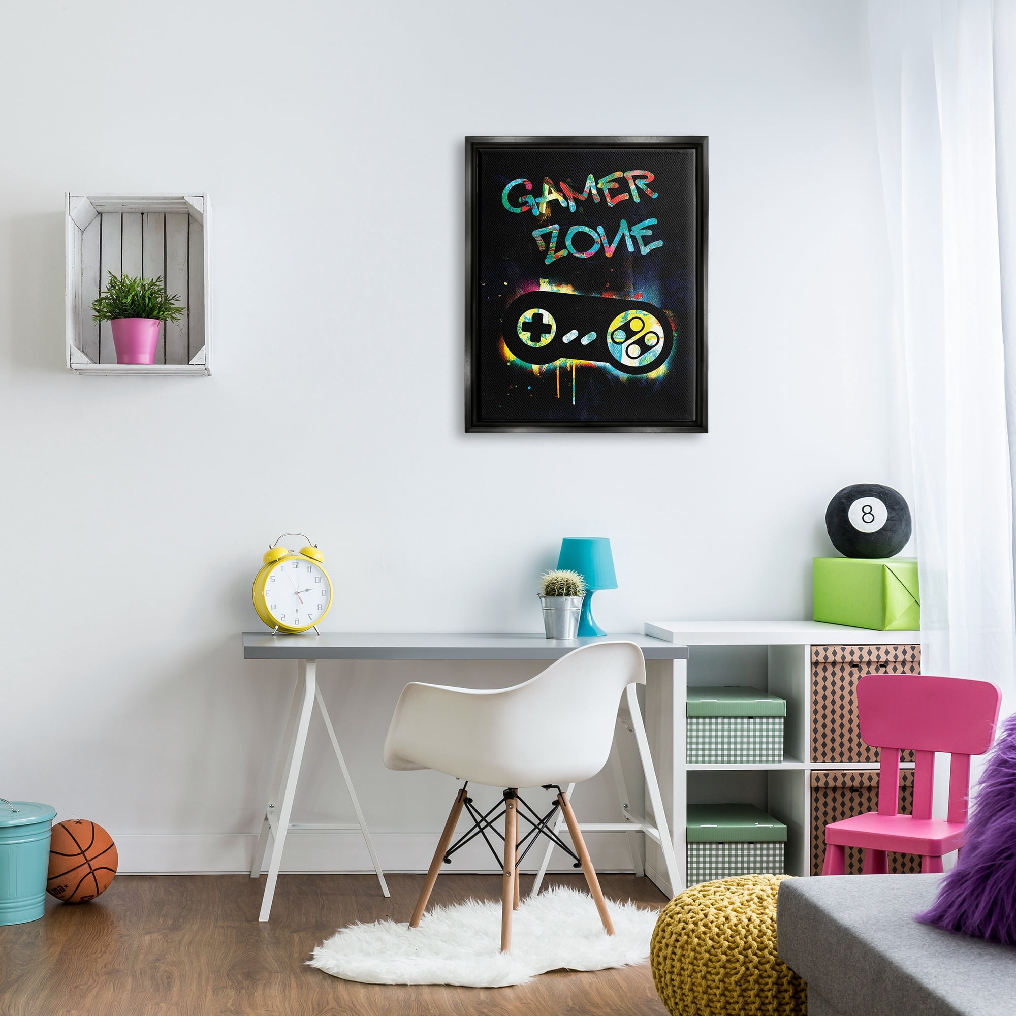 Stupell Industries Gamer Zone Vintage Controller Neon Paint Splatter Graphic Art Jet Black Floating Framed Canvas Print Wall Art, Design by Victoria Barnes