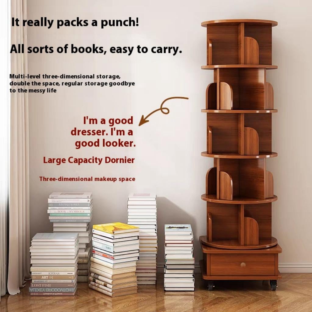 Rotating Bookshelf, 6 Tier Corner Bookcase with 360-Degree Rotation and Wheels, Space-Saving Design for Small Spaces, Walnut Brown Finish