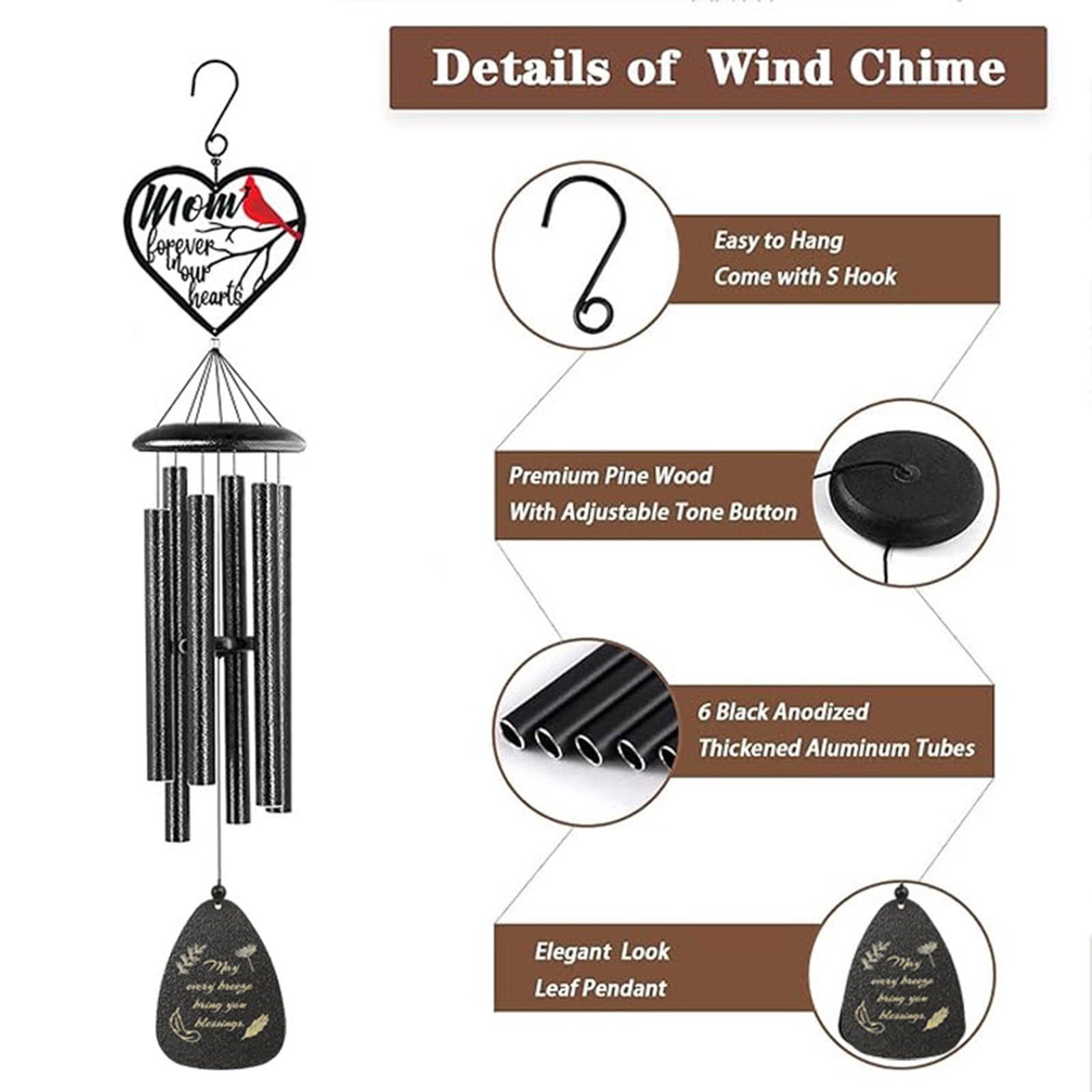 Tikeitoo Memorial Wind Chimes for Outside, Sympathy Gift for Loss of Loved One Mom Dad, Ideal for Funeral, Remembrance & Bereavement, Outdoor Use