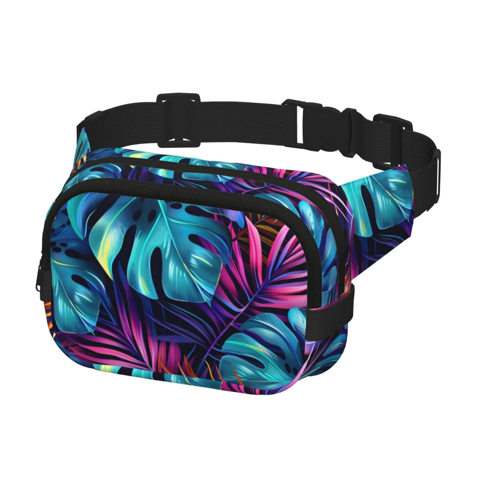 Picia Colorful Tropical Leaves Print Square Double-Layer Waist Bag Mini Adjustable Waist Belt Bag Exercise Running Travel Hiking