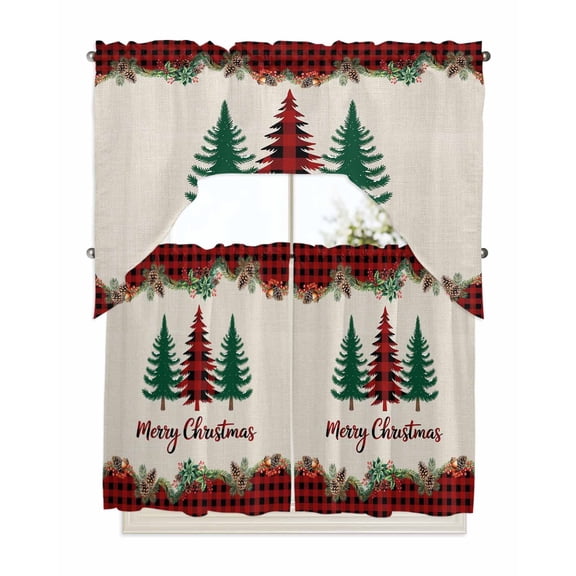 Red Plaid Christmas Kitchen Curtains Swag Valance and Tier Curtains Set 36 Inch Length, Xmas Tree Vintage Winter Rustic Rod Pocket Drape Panels Pair Swag Curtains for Bathroom/Cafe/Window
