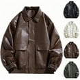 thumbnail image 2 of ZCFZJW Men PU Leather Motorcycle Jackets Vintage Long Sleeve Full Zip up Button Lapel Collar Outwear Coat Long Sleeve Parka Overcoat with Pockets Brown XXL, 2 of 5