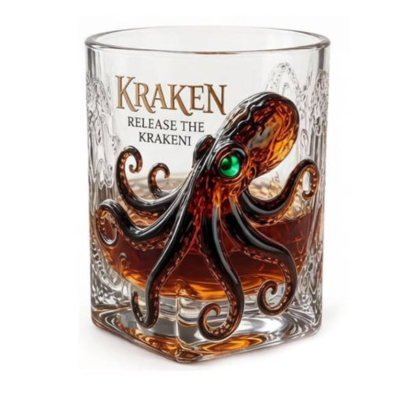 Octopus Whiskey Glass,8.8 oz Old Fashioned Crystal Tumbler for Scotch Cocktails,Nautical Barware Gift for Men,Sea Monster Themed Rocks Glass