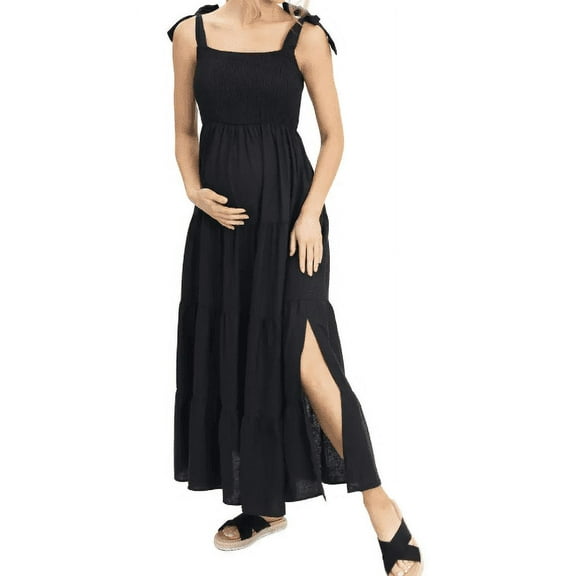 Angel Maternity Women's Black Shoulder Tie Maternity Maxi Dress, Medium