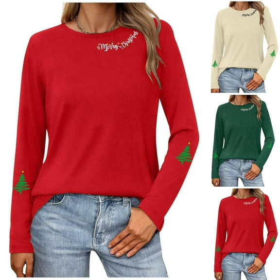 Fengqque Women's Casual and Fashionable Loose Christmas Printed Long Sleeved T-shirt with Round Neck Top Red XL(XL)