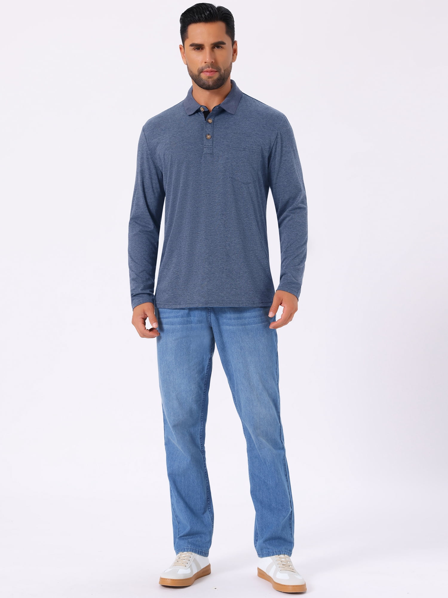 DARING DIVA Men's Contrast Button Collared Long Sleeves Golf Polo T-Shirts XL Dark Blue