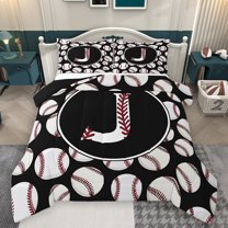Homewish Cartoon Monogrammed J Full Size Comforter Sets for Boys, Black White Baseball Print Bedding Comforter Set, Cartoon Theme Reversible Bedding Sets, Super Cozy Room Decor, 3-Piece