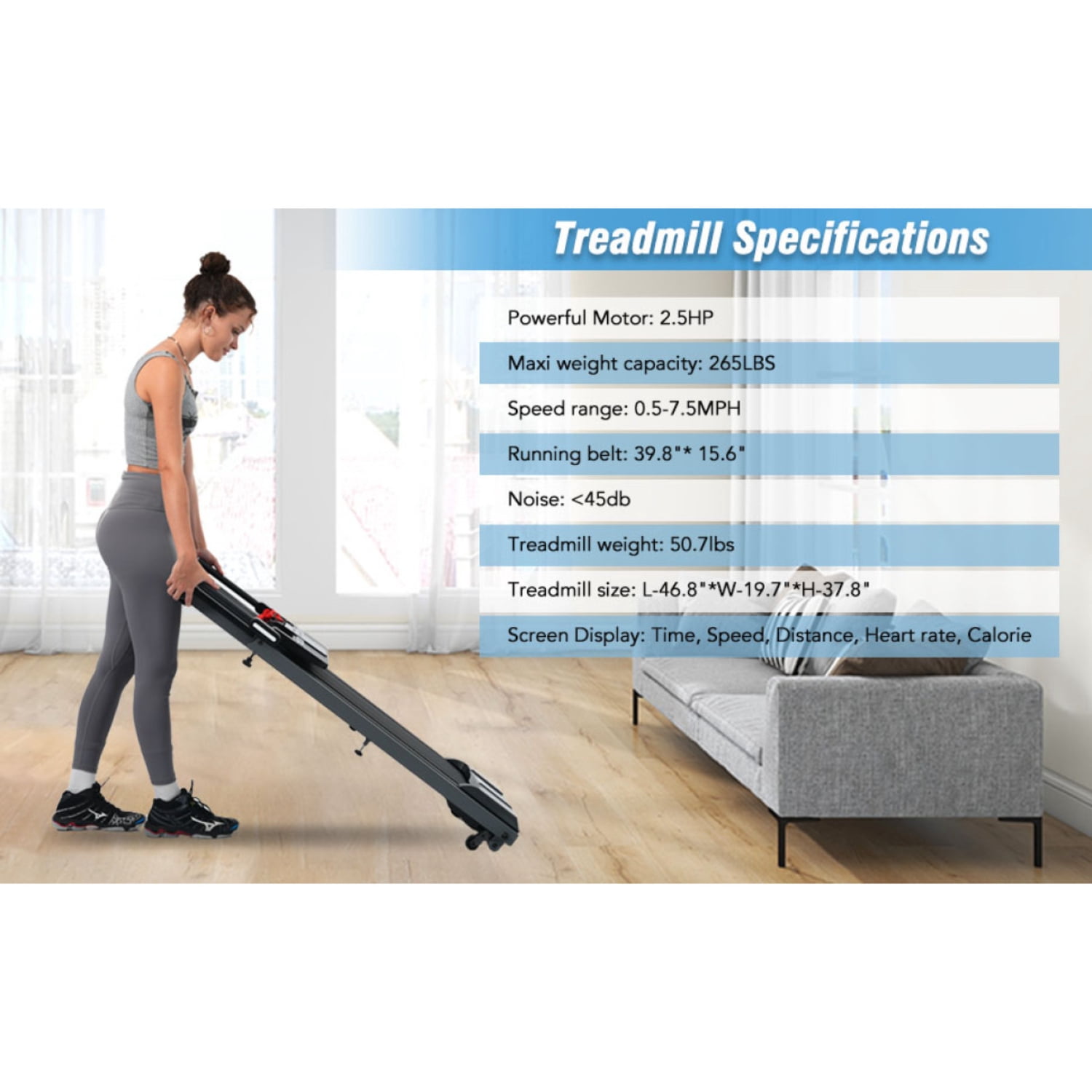 2.5HP Folding Walking Treadmill with 0.5-7.5MPH Speed, 265LBS Capacity, Manual Incline, Fitness Tracking Display, Ultra-Quiet Motor for Home & Office