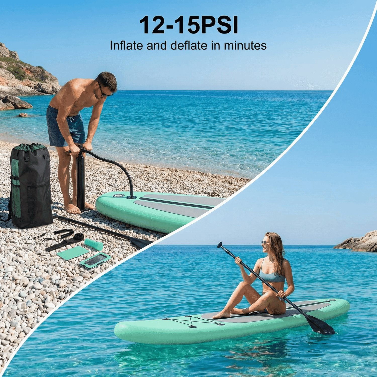 TLSUNNY 12' Inflatable Sup Paddle Board Portable Adjustable Stand Up Fishing Paddle Board Non-Slip