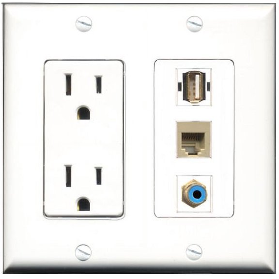 RiteAV - 15 Amp Power Outlet 1 Port RCA Blue 1 Port USB A-A 1 Port Phone Beige Decorative Wall Plate