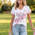 thumbnail image 6 of Domzest Womens V Neck T Shirt Breast Cancer Awareness Survivor Never Give Up Pink Ribbon Graphic Tee Casual Short Sleeve Tops Watermelon Red XL, 6 of 6