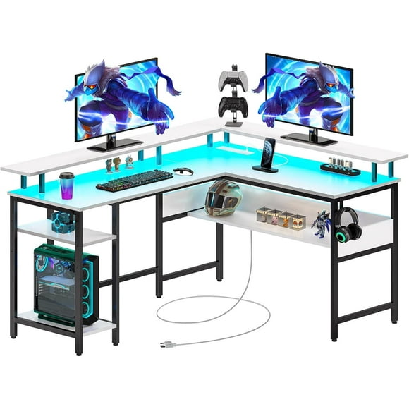 Computer Desk L Shaped 56.7" with LED Lights and Power Outlets, Reversible L Shaped Gaming Desk with Monitor Stand, Home Office Desk with Storage, Desk with USB Port and Hook, Black