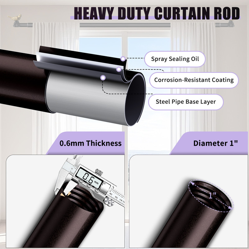 Curtain Rods 36"-120" Vintage Oil Bronze Curtain Rods for Windows Adjustable Drapery Rod with Bird Finials Heavy Duty Brown Curtains Rod for Living Room Bedroom