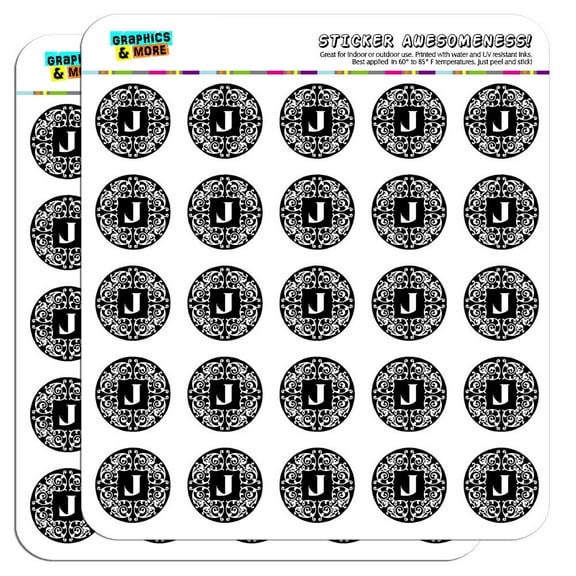 Letter J Initial Black White Scrolls 1" Scrapbooking Crafting Stickers