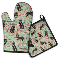 Rottweiler with Floral Kitchen Oven Mitt and Pot Holder Sets 2 Pcs for Baking, Cooking and Grilling, Heat Resistant Up To 392 °F